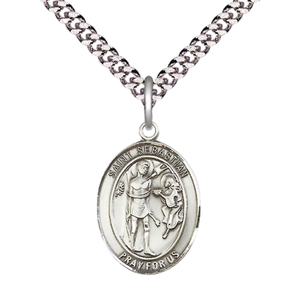 Medium Men's .925 Sterling Silver Saint St. Sebastian Oval Medal – Patron Saint St. of Athletes & Soldiers – 3/4" x 1/2" Pendant on 24 Inch Rhodium Plated Heavy Curb Chain, Catholic Medal – Velvet Gift Box – Made in USA