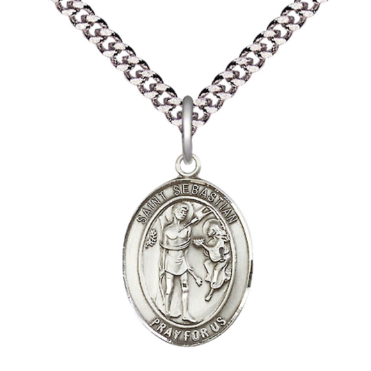 Mens Medium Oval .925 Sterling Silver Saint St. Sebastian Medal Pendant on 24 Inch Rhodium Plated Heavy Curb Brass Chain w/ Lobster Claw Clasp, Catholic Religious Necklace - Made in USA- Velvet Gift Box