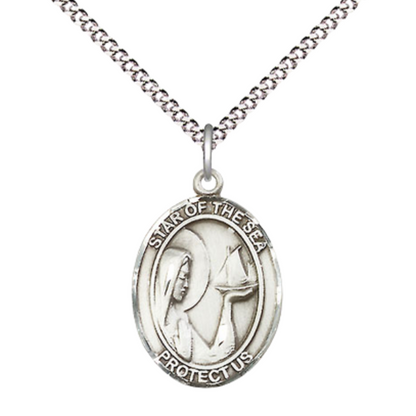 Medium Women's .925 Sterling Silver Our Lady Star of the Sea Pendant Necklace on 18 Inch Rhodium Plated Lite Curb Brass Chain – Patron Saint St. of Sailors – ¾ x ½ Medal, Catholic Medal – Velvet Gift Box Included