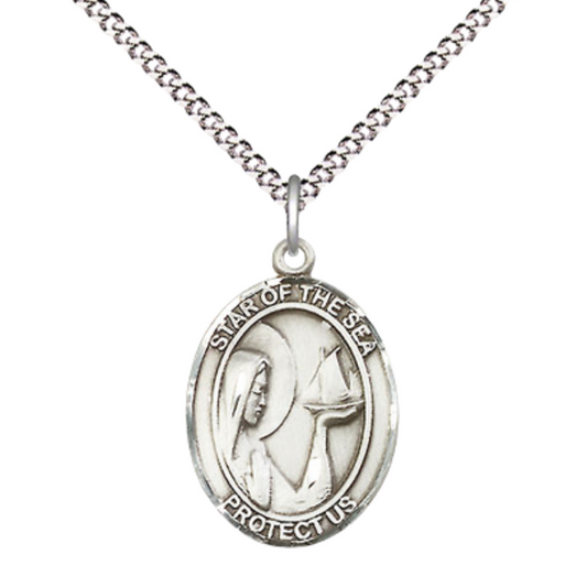 Medium Women's .925 Sterling Silver Our Lady Star of the Sea Pendant Necklace on 18 Inch Rhodium Plated Lite Curb Brass Chain – Patron Saint St. of Sailors – ¾ x ½ Medal, Catholic Medal – Velvet Gift Box Included