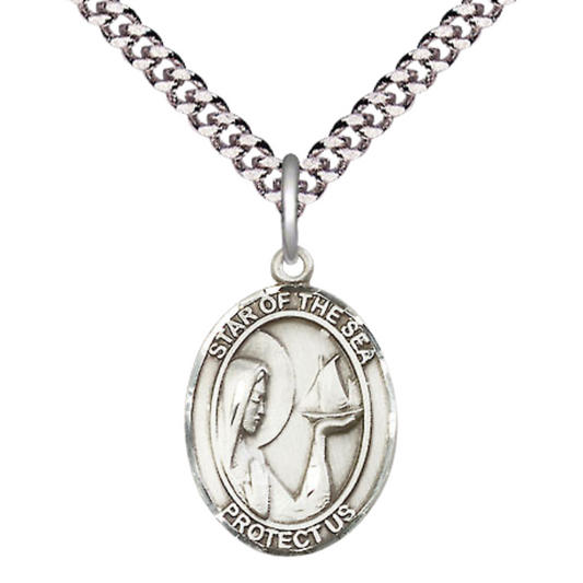 Medium Men's Pewter Our Lady Star of the Sea Medal Pendant on 24 Inch Endless Rhodium Plated Heavy Curb Brass Chain, Catholic Religious Necklace -Made in USA- Deluxe Velvet Gift Box