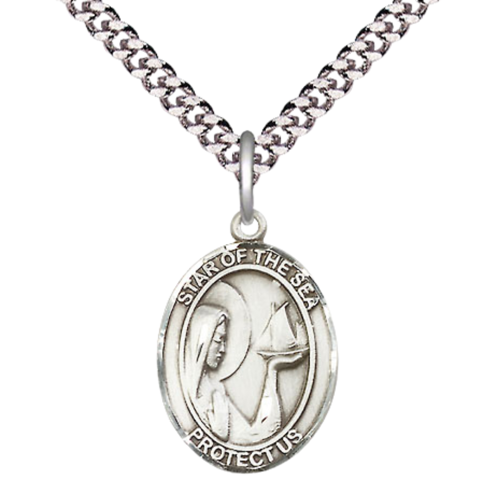 Medium Men's .925 Sterling Silver Our Lady Star of the Sea Medal Pendant on 24 Inch Endless Rhodium Plated Heavy Curb Brass Chain, Catholic Religious Necklace - Made in USA- Deluxe Velvet Gift Box
