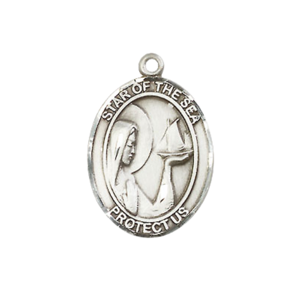 Medium Men's .925 Sterling Silver Our Lady Star of the Sea Medal Pendant on 24 Inch Endless Rhodium Plated Heavy Curb Brass Chain, Catholic Religious Necklace - Made in USA- Deluxe Velvet Gift Box