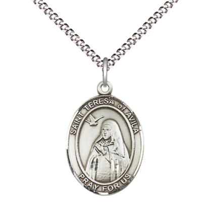 .925 Sterling Silver Saint St. Theresa Medal Pendant on 18 Inch Rhodium Plated Lite Curb Brass Chain w/ Lobster Claw Clasp, Catholic Religious Necklace - Made in USA- Prayer Card Included