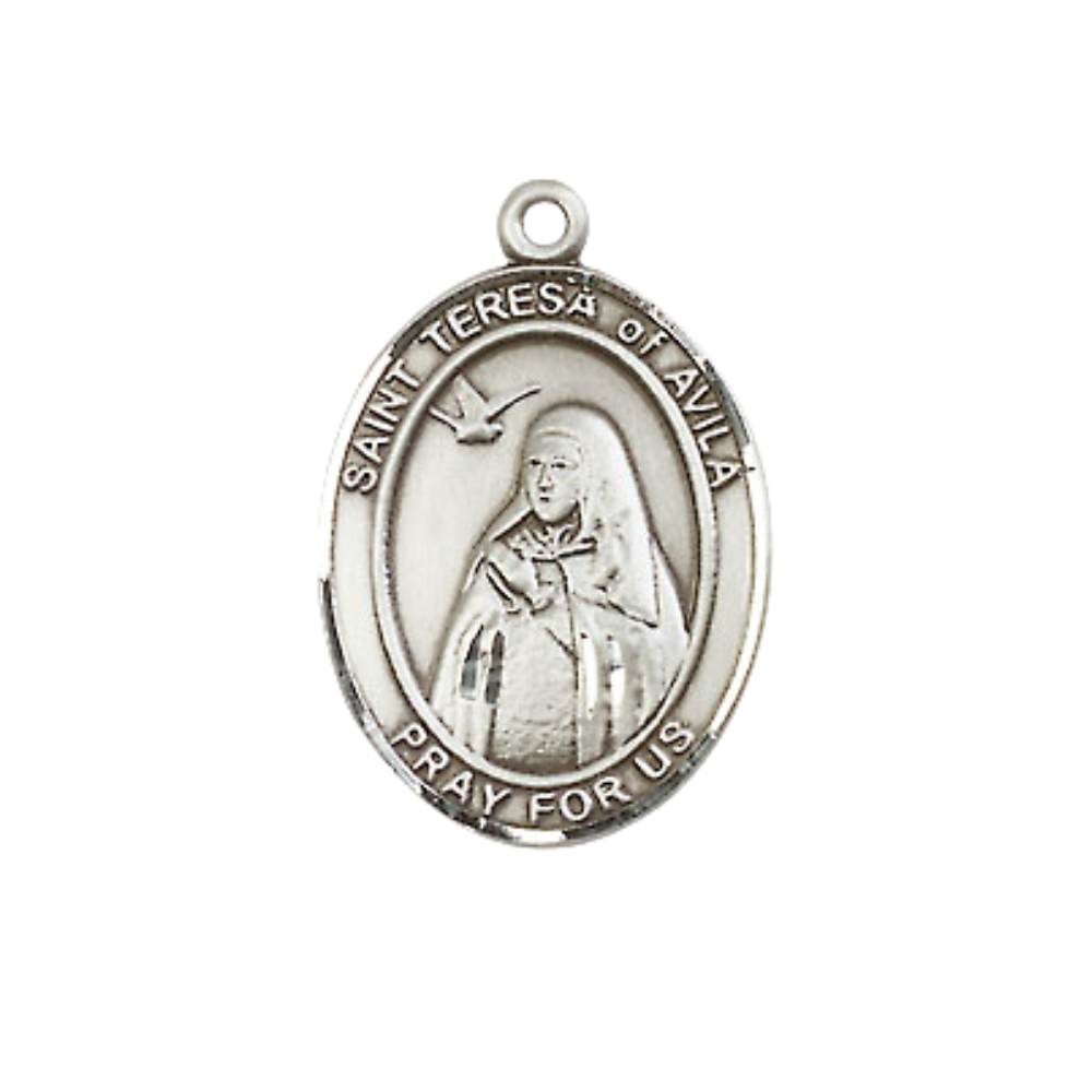 .925 Sterling Silver Saint St. Theresa Medal Pendant on 18 Inch Rhodium Plated Lite Curb Brass Chain w/ Lobster Claw Clasp, Catholic Religious Necklace - Made in USA- Prayer Card Included