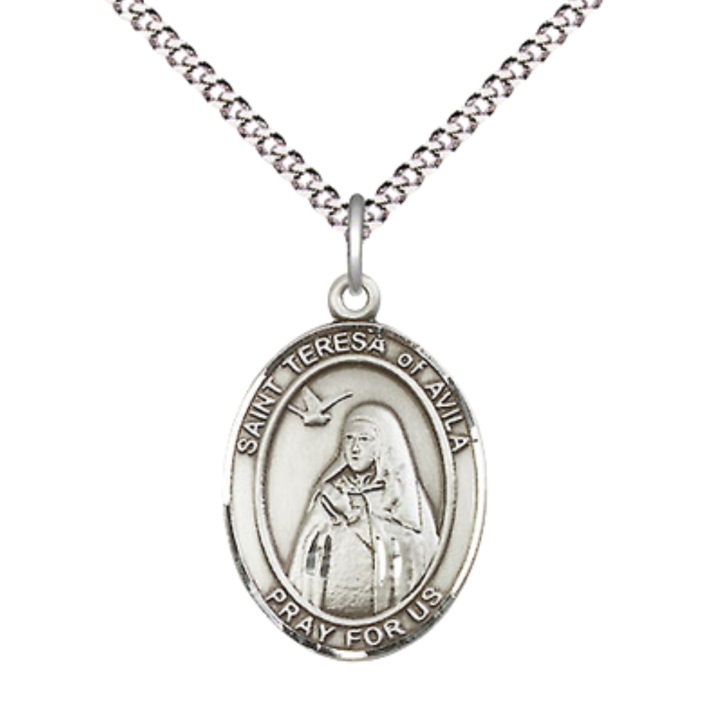 Medium Women's .925 Sterling Silver Saint St. Teresa of Avila Pendant Necklace on 18 Inch Rhodium Plated Lite Curb Brass Chain – Patron Saint St. of Headaches/Loss of Parents – ¾" x ½" Medal, Catholic Medal – Velvet Gift Box Included