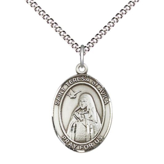 Medium Women's .925 Sterling Silver Saint St. Teresa of Avila Pendant Necklace on 18 Inch Rhodium Plated Lite Curb Brass Chain – Patron Saint St. of Headaches/Loss of Parents – ¾" x ½" Medal, Catholic Medal – Velvet Gift Box Included