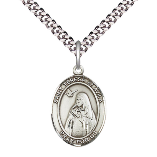 Medium Men's Pewter Saint St. Teresa of Avila Medal Pendant on 24 Inch Endless Rhodium Plated Heavy Curb Brass Chain, Catholic Religious Necklace - Made in USA- Deluxe Velvet Gift Box
