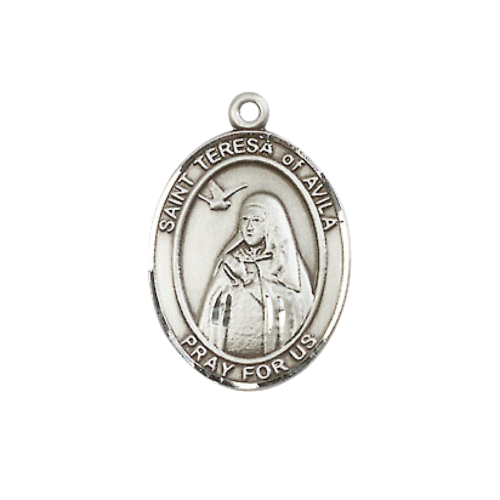 Medium Men's Pewter Saint St. Teresa of Avila Medal Pendant on 24 Inch Endless Rhodium Plated Heavy Curb Brass Chain, Catholic Religious Necklace - Made in USA- Deluxe Velvet Gift Box