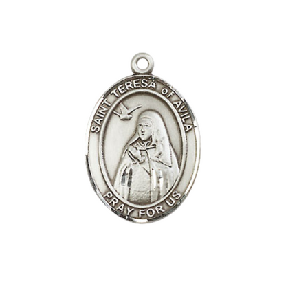 Medium Men's Pewter Saint St. Teresa of Avila Medal Pendant on 24 Inch Endless Rhodium Plated Heavy Curb Brass Chain, Catholic Religious Necklace - Made in USA- Deluxe Velvet Gift Box