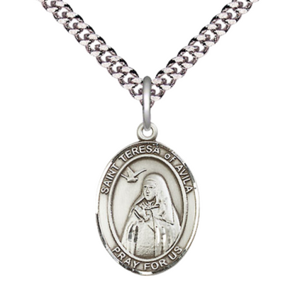 Everlasting Light Jewelry Pewter Saint St. Theresa Medal Pendant on 24 Inch Endless Rhodium Plated Heavy Curb Brass Chain, Catholic Religious Necklace - Made in USA- Prayer Card Included