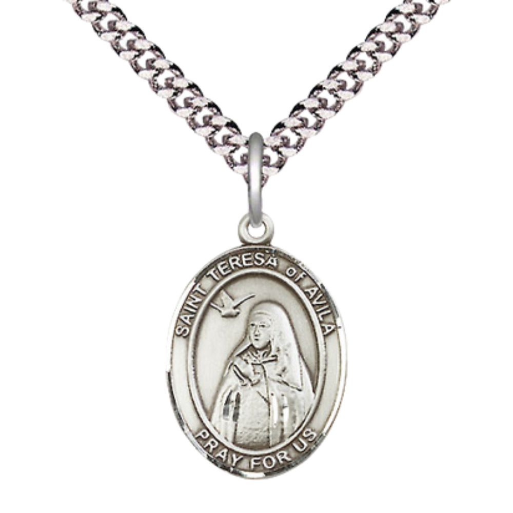 Medium Mens Oval Sterling Silver Saint Teresa of Avila Medal Pendant on 24" Rhodium Plated Heavy Curb Brass Chain w/ Lobster Claw Clasp, Catholic Religious Necklace -Made in USA-Velvet Gift Box