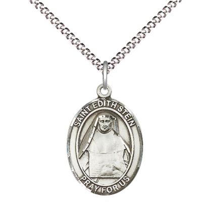 .925 Sterling Silver Saint St. Edith Stein Medal Pendant on 18 Inch Rhodium Plated Lite Curb Brass Chain with Lobster Claw Clasp, Catholic Religious Necklace - Made in USA- Prayer Card Included