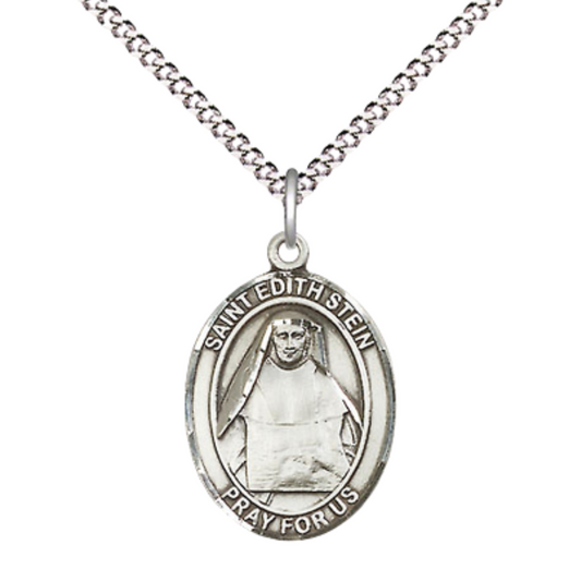 Medium Women's .925 Sterling Silver Saint St. Edith Stein Pendant Necklace on 18 Inch Rhodium Plated Lite Curb Brass Chain – Patron Saint St. of Martyrs/Loss of Parents – ¾" x ½" Medal, Catholic Medal – Velvet Gift Box Included