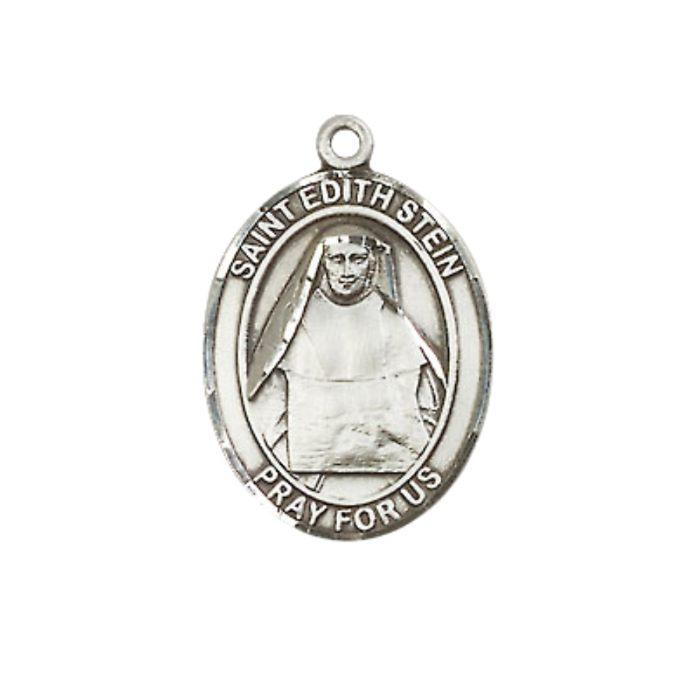 .925 Sterling Silver Saint St. Edith Stein Medal Pendant on 18 Inch Rhodium Plated Lite Curb Brass Chain with Lobster Claw Clasp, Catholic Religious Necklace - Made in USA- Prayer Card Included