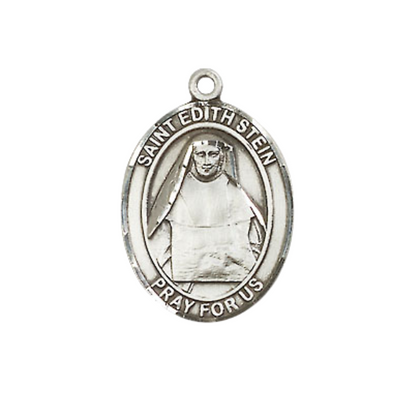 .925 Sterling Silver Saint St. Edith Stein Medal Pendant on 18 Inch Rhodium Plated Lite Curb Brass Chain with Lobster Claw Clasp, Catholic Religious Necklace - Made in USA- Prayer Card Included