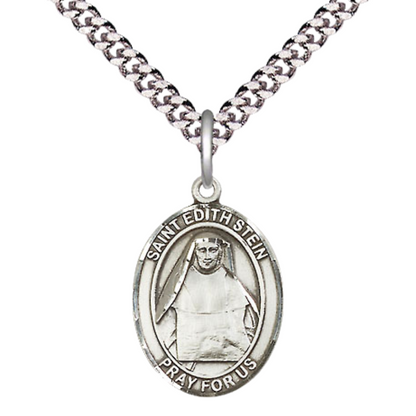 Mens Medium Oval .925 Sterling Silver Saint St. Edith Stein Medal Pendant on 24 Inch Rhodium Plated Heavy Curb Brass Chain w/ Lobster Claw Clasp, Catholic Religious Necklace - Made in USA- Velvet Gift Box