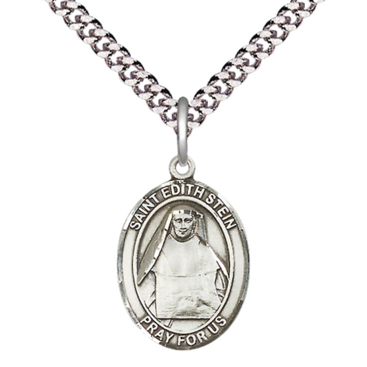 Mens Medium Oval .925 Sterling Silver Saint St. Edith Stein Medal Pendant on 24 Inch Rhodium Plated Heavy Curb Brass Chain w/ Lobster Claw Clasp, Catholic Religious Necklace - Made in USA- Velvet Gift Box