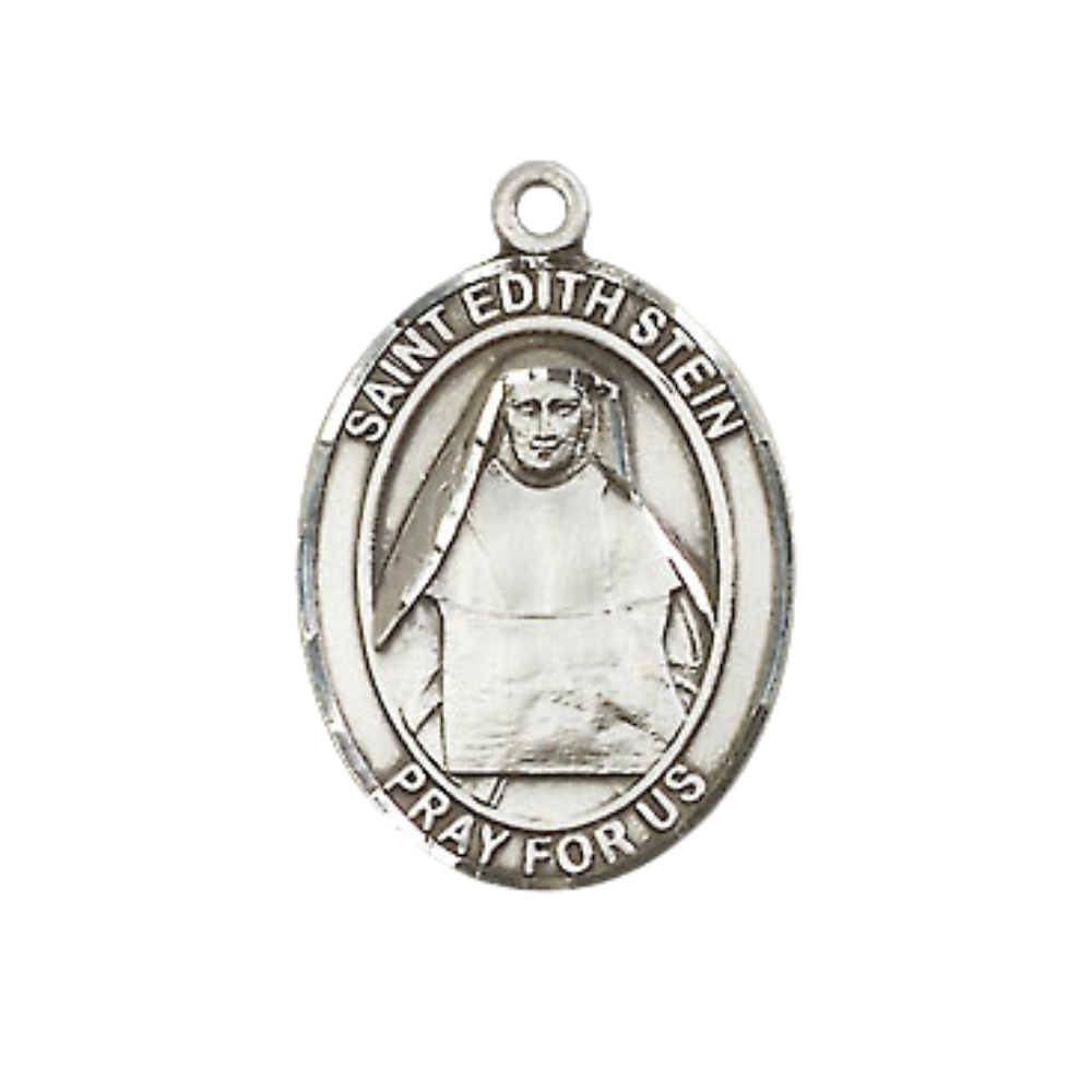 Everlasting Light Jewelry Medium Men's Pewter Saint St. Edith Stein Medal Pendant on 24 Inch Endless Rhodium Plated Heavy Curb Brass Chain, Catholic Religious Necklace - Made in USA- Deluxe Velvet Gift Box