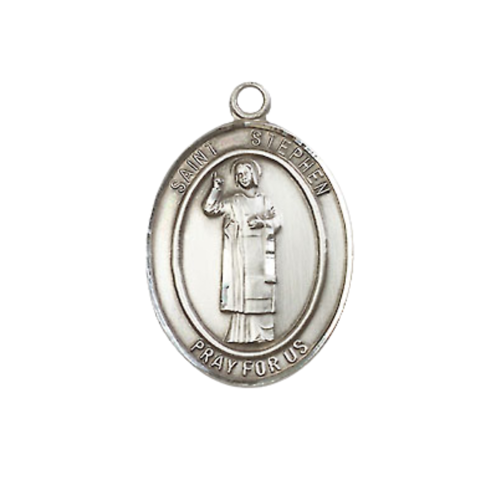 Medium Women's .925 Sterling Silver Saint St. Stephen the Martyr Pendant Necklace on 18 Inch Rhodium Plated Lite Curb Brass Chain – Patron Saint St. of Deacons/Stonemasons – ¾" x ½" Medal, Catholic Medal – Velvet Gift Box Included