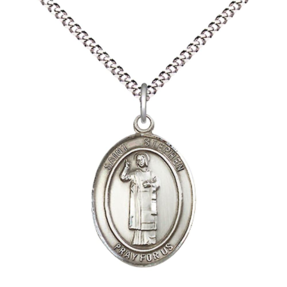 Medium Women's .925 Sterling Silver Saint St. Stephen the Martyr Pendant Necklace on 18 Inch Rhodium Plated Lite Curb Brass Chain – Patron Saint St. of Deacons/Stonemasons – ¾" x ½" Medal, Catholic Medal – Velvet Gift Box Included