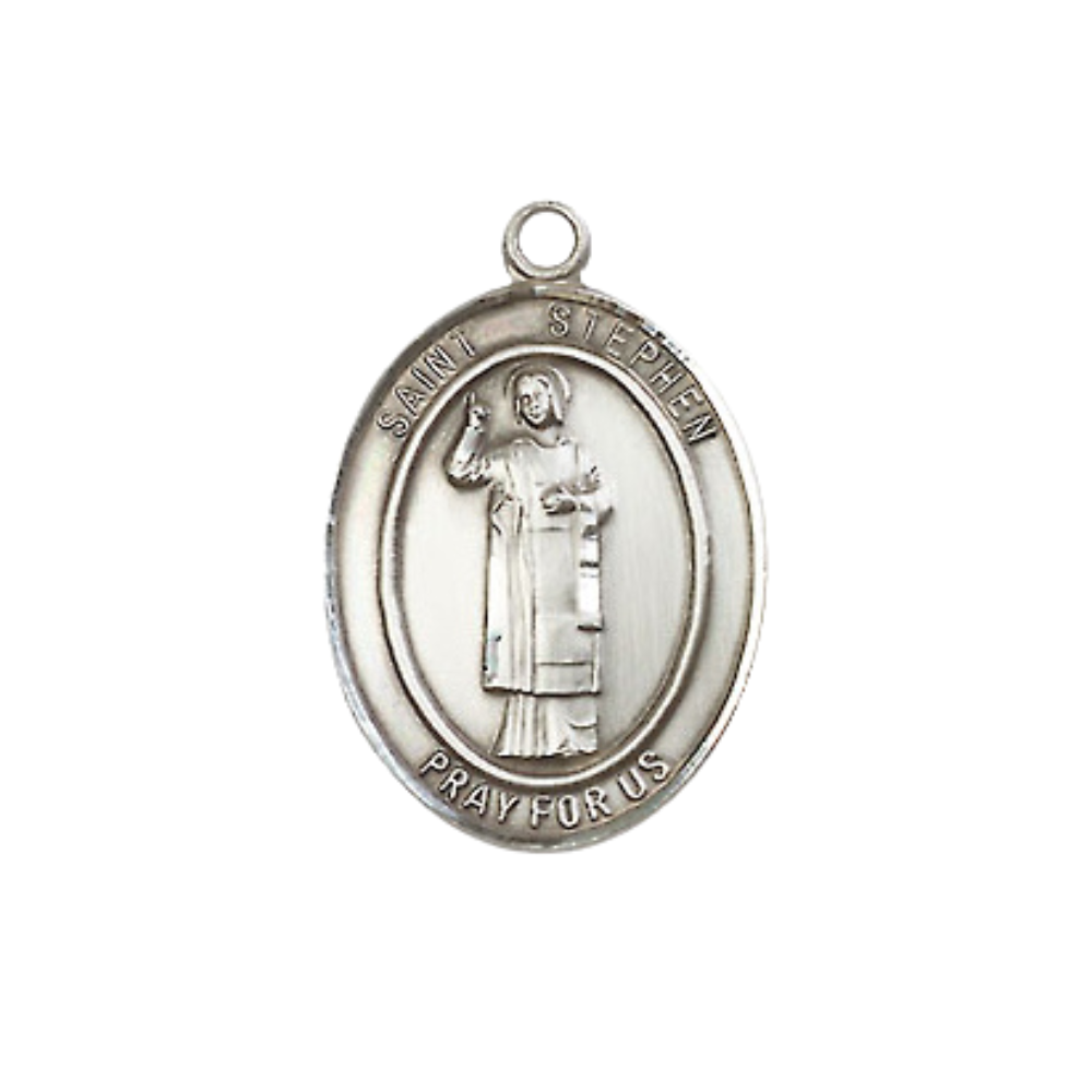 Medium Men's .925 Sterling Silver Saint St. Stephen the Martyr Medal Pendant on 24 Inch Endless Rhodium Plated Heavy Curb Brass Chain, Catholic Religious Necklace - Made in USA- Deluxe Velvet Gift Box