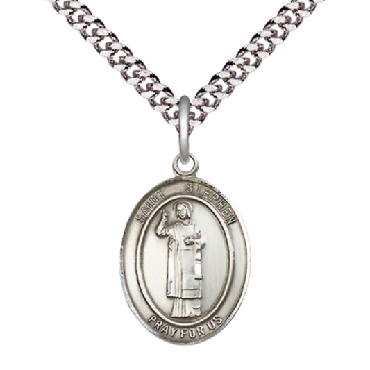 Medium Men's Pewter Saint St. Stephen the Martyr Medal Pendant on 24 Inch Endless Rhodium Plated Heavy Curb Brass Chain, Catholic Religious Necklace - Made in USA- Deluxe Velvet Gift Box