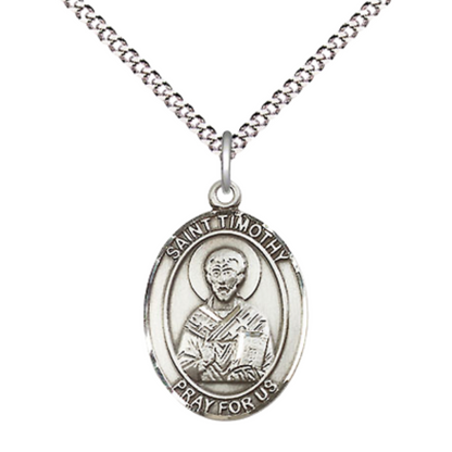 Medium Women's .925 Sterling Silver Saint St. Timothy Pendant Necklace on 18 Inch Rhodium Plated Lite Curb Brass Chain – Patron Saint St. of Stomach Disorders – ¾ x ½ Medal, Catholic Medal – Velvet Gift Box Included