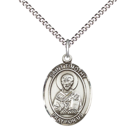 Medium Women's .925 Sterling Silver Saint St. Timothy Pendant Necklace on 18 Inch Rhodium Plated Lite Curb Brass Chain – Patron Saint St. of Stomach Disorders – ¾ x ½ Medal, Catholic Medal – Velvet Gift Box Included