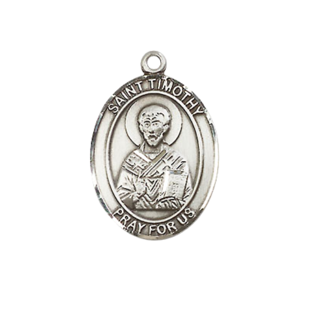Medium Women's .925 Sterling Silver Saint St. Timothy Pendant Necklace on 18 Inch Rhodium Plated Lite Curb Brass Chain – Patron Saint St. of Stomach Disorders – ¾ x ½ Medal, Catholic Medal – Velvet Gift Box Included