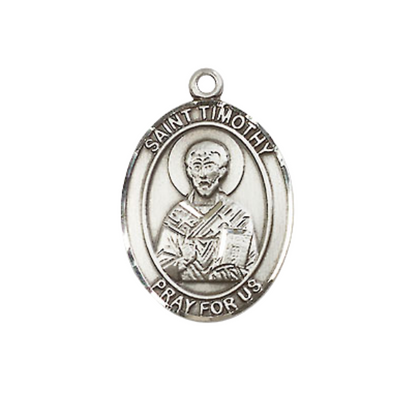 Everlasting Light Jewelry Medium Women's Pewter Saint Timothy Pendant Necklace on 18-inch Rhodium-Plated Lite Curb Brass Chain – Patron Saint of Stomach Disorders – Velvet Gift Box Included