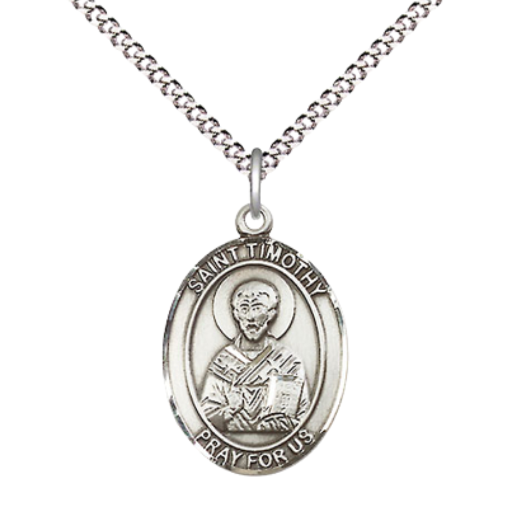 Everlasting Light Jewelry Medium Women's Pewter Saint Timothy Pendant Necklace on 18-inch Rhodium-Plated Lite Curb Brass Chain – Patron Saint of Stomach Disorders – Velvet Gift Box Included