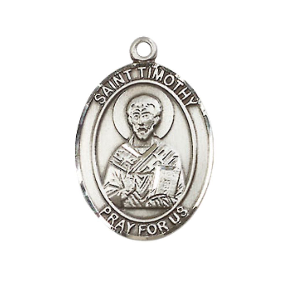 Everlasting Light Jewelry Medium Men's Pewter Saint St. Timothy Medal Pendant on 24 Inch Endless Rhodium Plated Heavy Curb Brass Chain, Catholic Religious Necklace - Made in USA- Deluxe Velvet Gift Box