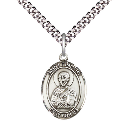 Medium Men's .925 Sterling Silver Saint St. Timothy Medal Pendant on 24 Inch Endless Rhodium Plated Heavy Curb Brass Chain, Catholic Religious Necklace - Made in USA- Deluxe Velvet Gift Box