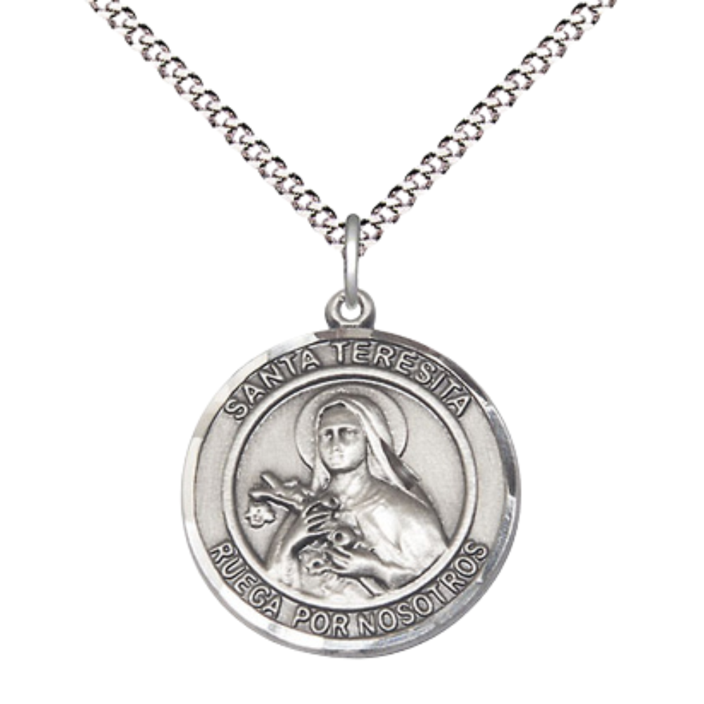 Spanish Script Women's Pewter Santa St. Teresita Medal Pendant on 18 Inch Rhodium Plated Lite Curb Brass Chain, Catholic Religious Necklace with Lobster Claw Clasp - Made in USA - with Deluxe Velvet Gift Box