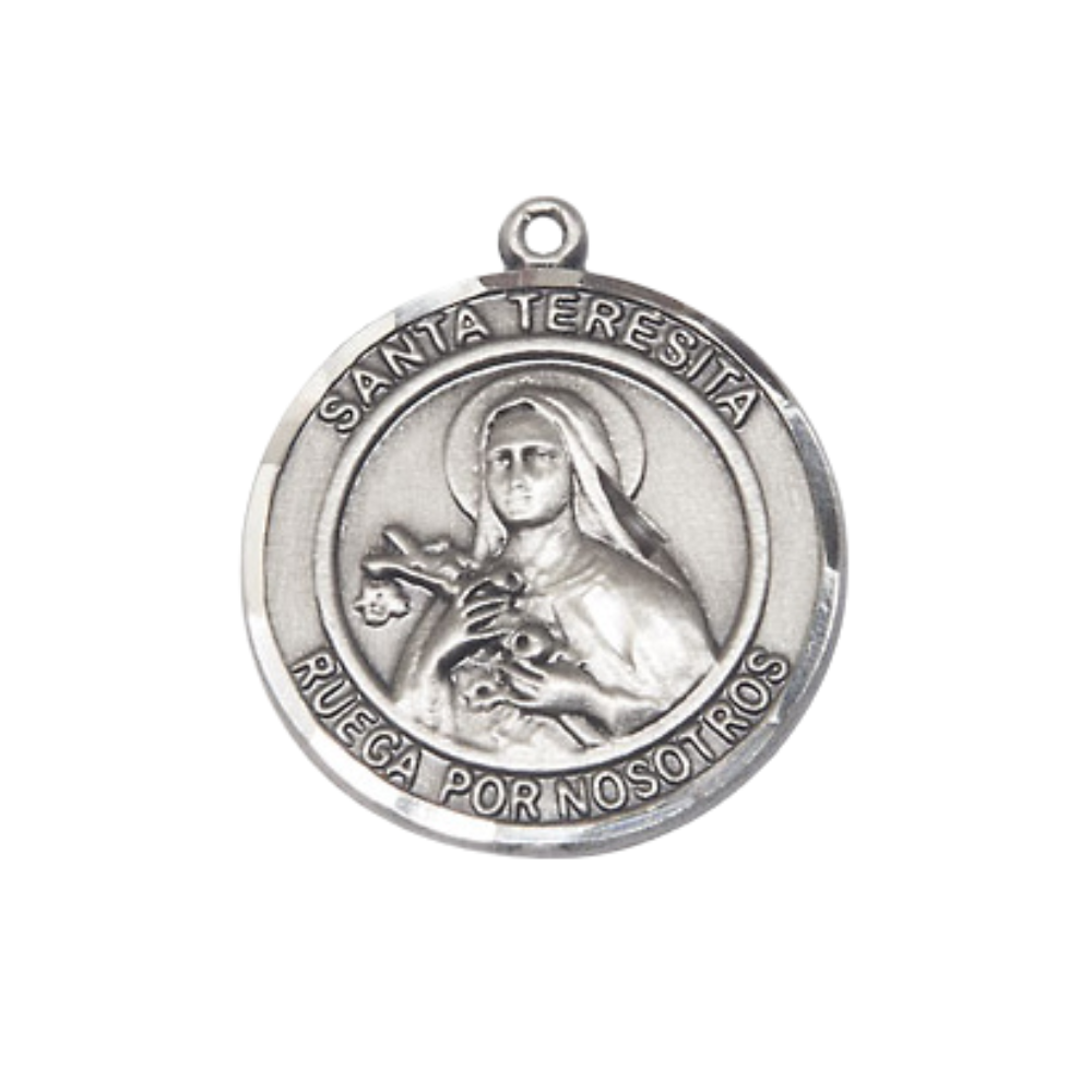 Medium Women's .925 Sterling Silver Santa St. Teresita Pendant Necklace – ¾” x ?” Medal on 18 Inch Rhodium- Plated Lite Curb Brass Chain with Lobster Claw Clasp – Symbol of Devotion & Faith, Catholic Medal – Velvet Gift Box