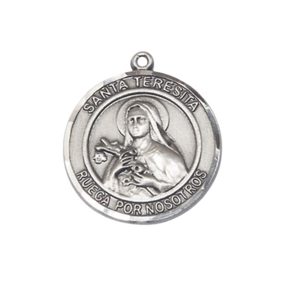 Spanish Script Women's Pewter Santa St. Teresita Medal Pendant on 18 Inch Rhodium Plated Lite Curb Brass Chain, Catholic Religious Necklace with Lobster Claw Clasp - Made in USA - with Deluxe Velvet Gift Box