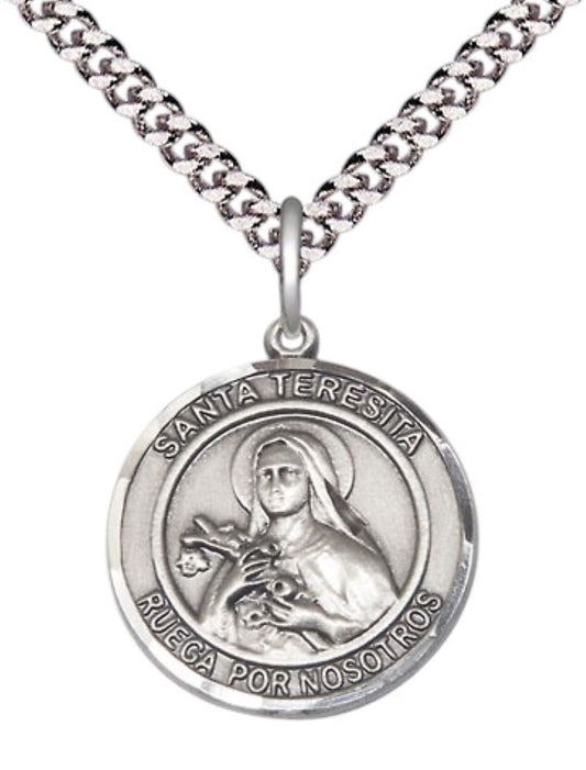 Everlasting Light Jewelry Spanish Script Men's Pewter Santa St. Teresita Medal Pendant on 24 Inch Endless Rhodium Plated Heavy Curb Chain, Catholic Religious Necklace - Made in USA, Comes in Deluxe Velvet Gift Box