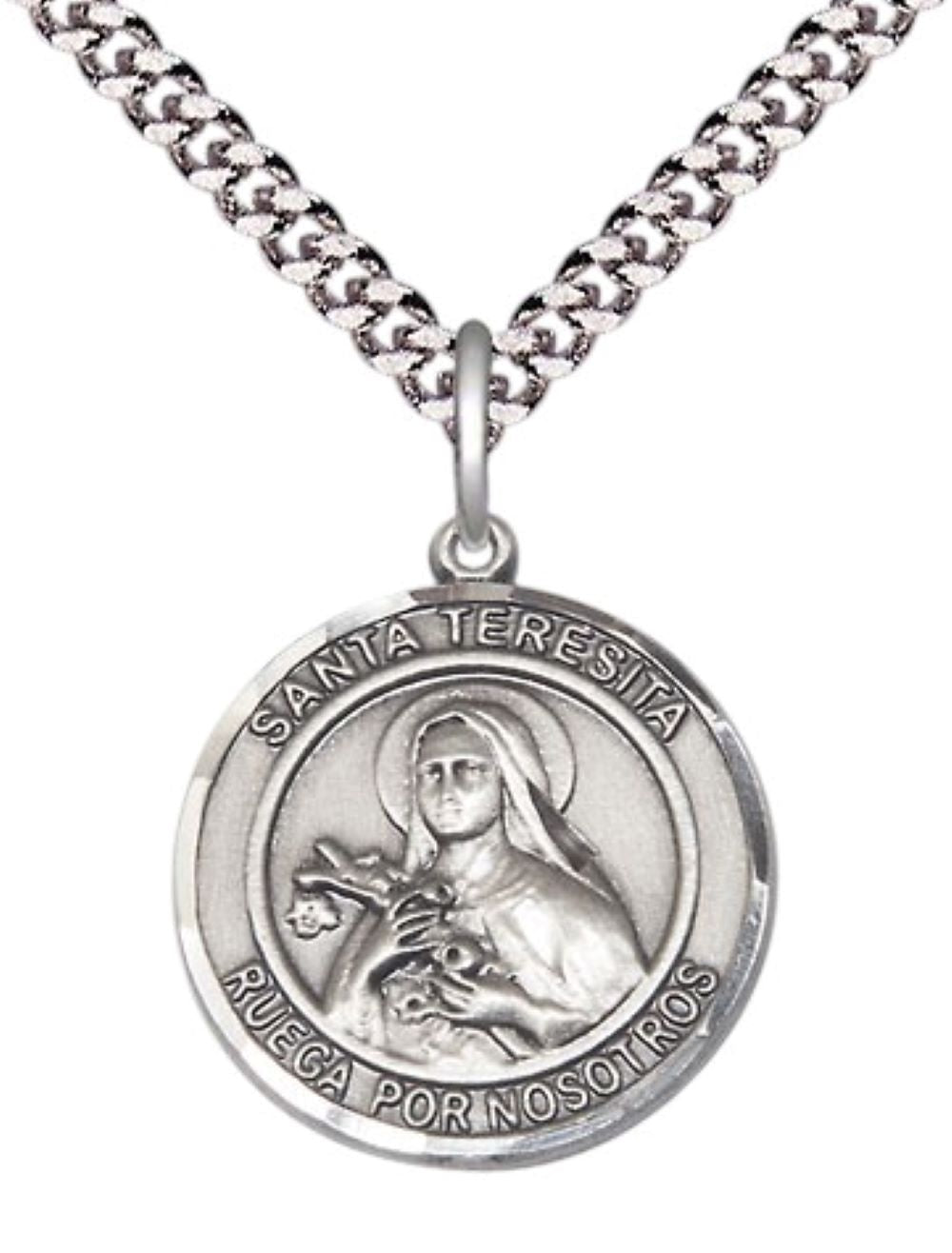 Everlasting Light Jewelry Spanish Script Men's .925 Sterling Silver Santa St. Teresita Medal Pendant on 24 Inch Endless Rhodium Plated Heavy Curb Chain, Catholic Religious Necklace - Made in USA, Deluxe Velvet Gift Box