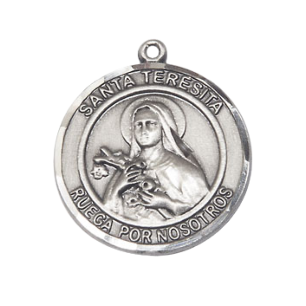 Mens Medium Round .925 Sterling Silver Santa St. Teresita Medal Pendant on 24 Inch Rhodium Plated Heavy Curb Brass Chain w/ Lobster Claw Clasp, Catholic Religious Necklace - Made in USA- Velvet Gift Box