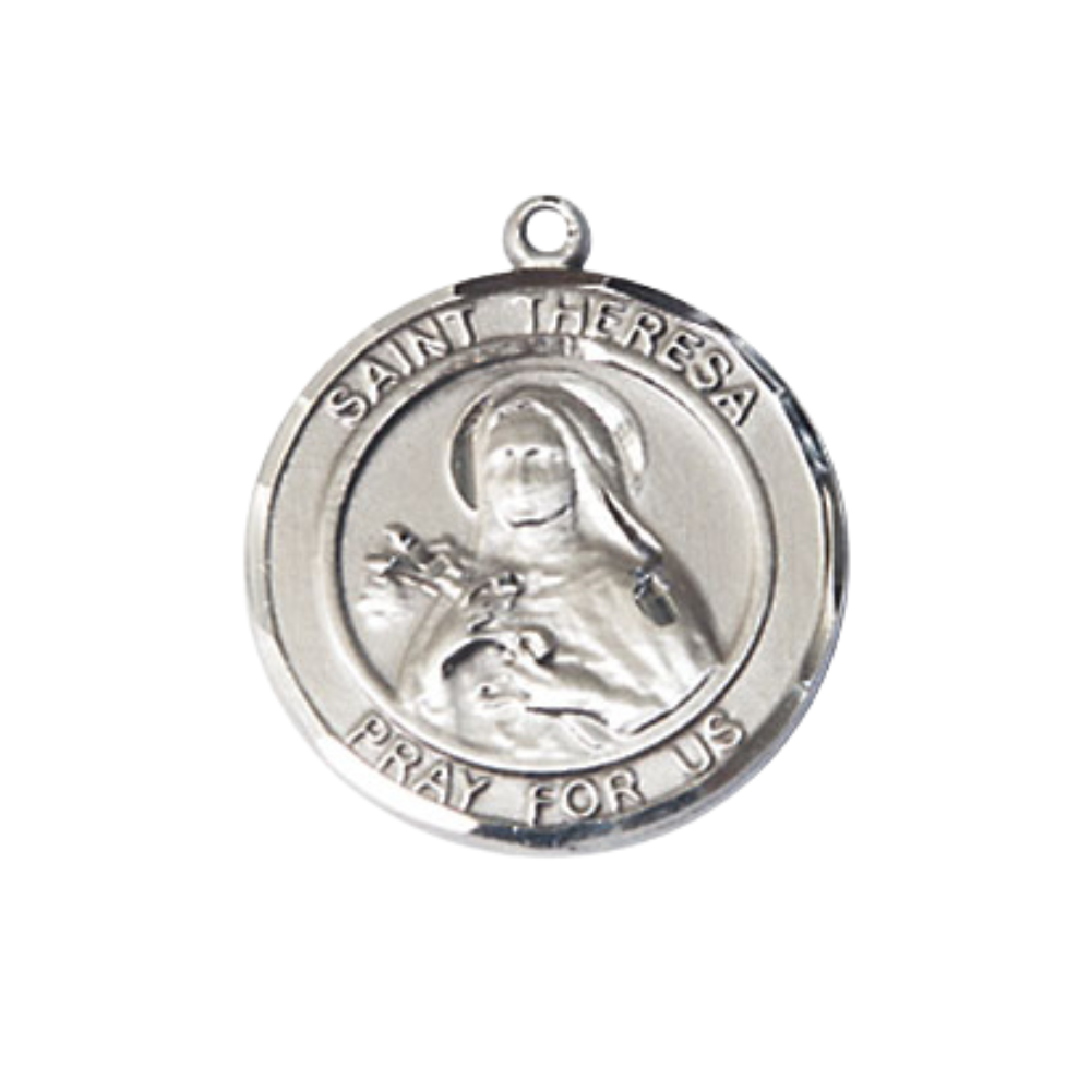 Medium Women's .925 Sterling Silver Saint St. Theresa Pendant Necklace – ¾” x ?” Medal on 18 Inch Rhodium- Plated Lite Curb Brass Chain with Lobster Claw Clasp, Catholic Medal - Patron Saint. of Foreign Missions – Velvet Gift Box