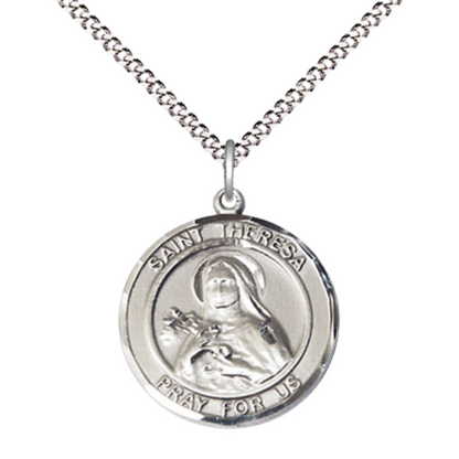 Medium Women's .925 Sterling Silver Saint St. Theresa Pendant Necklace – ¾” x ?” Medal on 18 Inch Rhodium- Plated Lite Curb Brass Chain with Lobster Claw Clasp, Catholic Medal - Patron Saint. of Foreign Missions – Velvet Gift Box