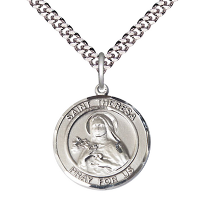 Mens Medium Round .925 Sterling Silver Saint St. Theresa Medal Pendant on 24 Inch Rhodium Plated Heavy Curb Brass Chain w/ Lobster Claw Clasp, Catholic Religious Necklace - Made in USA- Velvet Gift Box