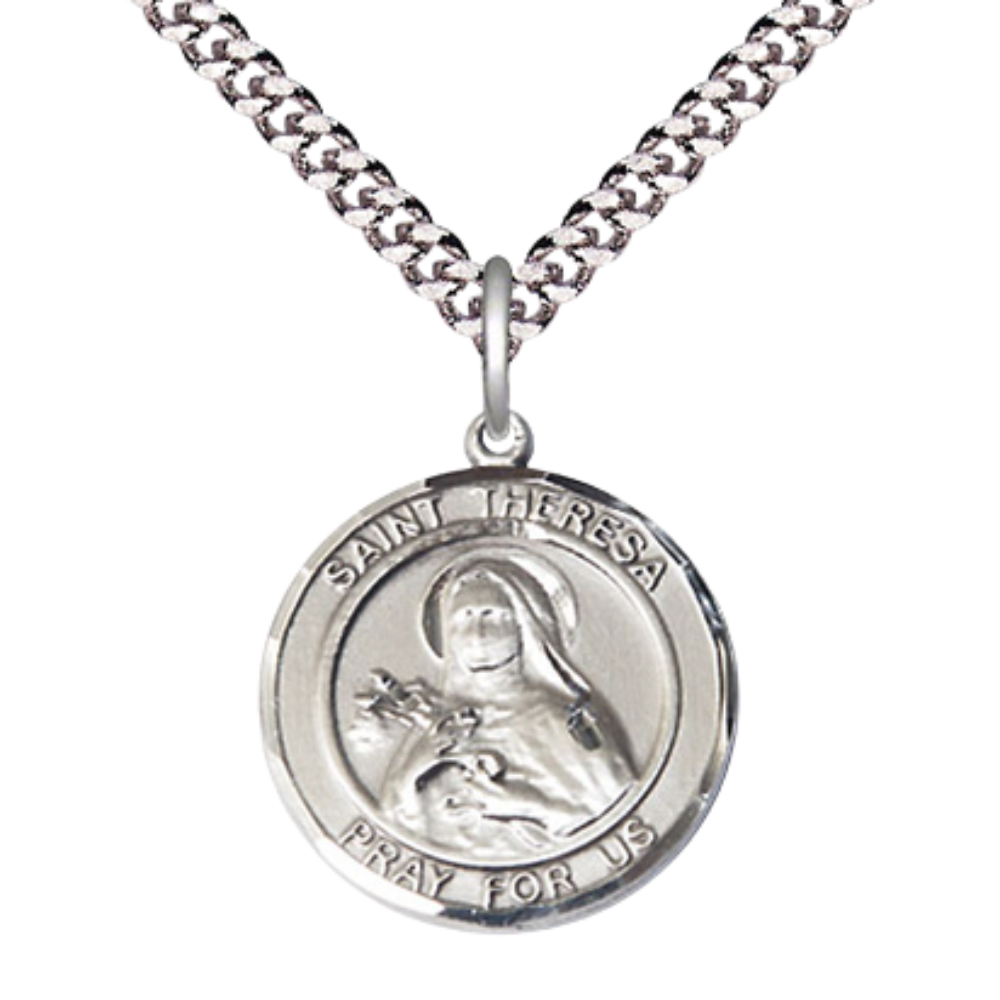 Everlasting Light Jewelry Medium Men's Pewter Saint St. Theresa Medal Pendant on 24 Inch Endless Rhodium Plated Heavy Curb Brass Chain, Catholic Religious Necklace - Made in USA- Deluxe Velvet Gift Box