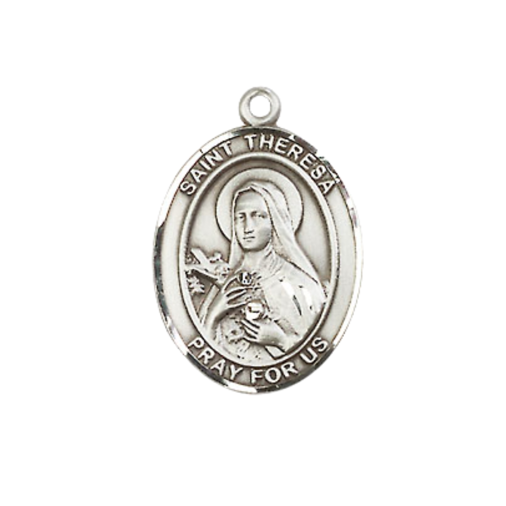 .925 Sterling Silver Saint St. Theresa Medal Pendant on 18 Inch Rhodium Plated Lite Curb Brass Chain with Lobster Claw Clasp, Catholic Religious Necklace - Made in USA- Prayer Card Included