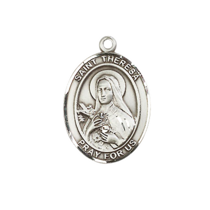 .925 Sterling Silver Saint St. Theresa Medal Pendant on 18 Inch Rhodium Plated Lite Curb Brass Chain with Lobster Claw Clasp, Catholic Religious Necklace - Made in USA- Prayer Card Included