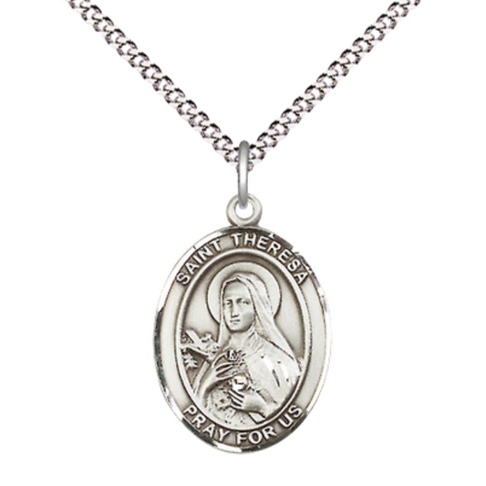 Medium Women's .925 Sterling Silver Saint St. Theresa Medal Pendant on 18 Inch Rhodium Plated Lite Curb Brass Chain w/ Lobster Claw clasp, Catholic Religious Necklace - Made in USA - Deluxe Velvet Gift Box