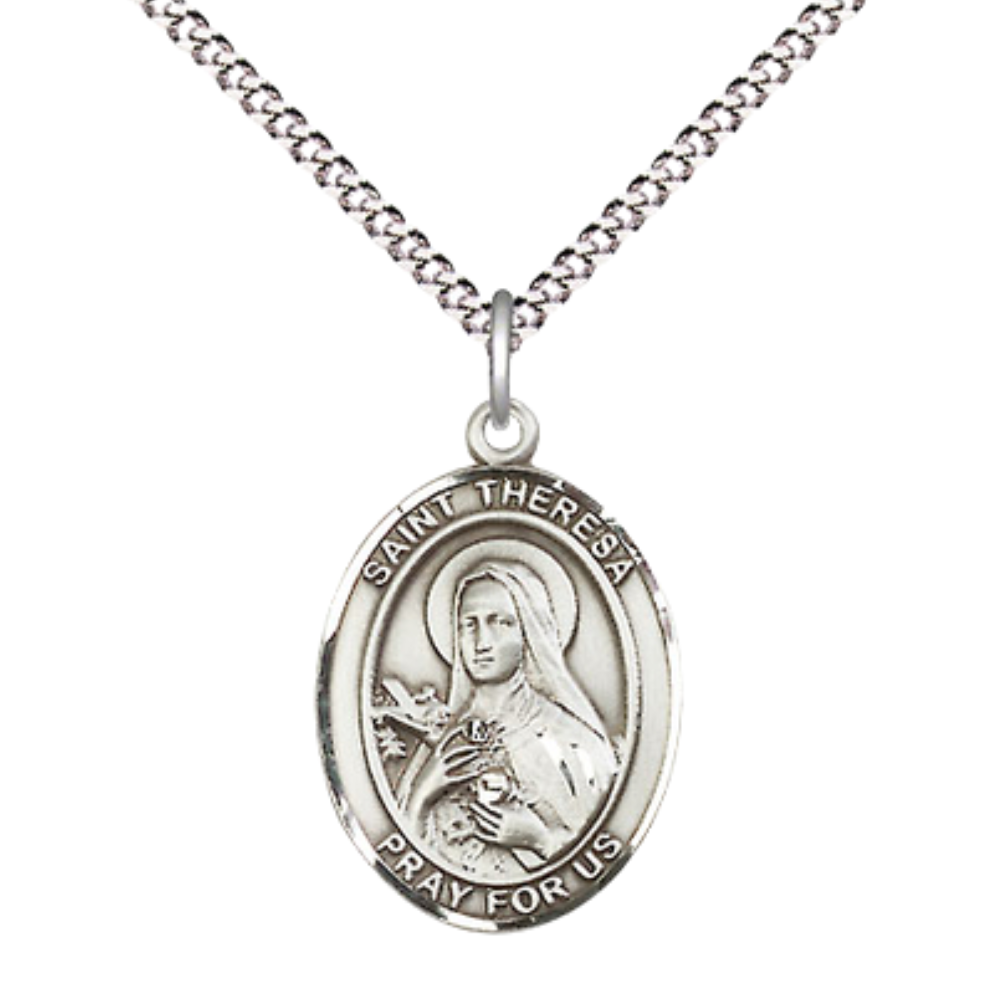 Everlasting Light Jewelry Pewter Saint St. Theresa Medal Pendant on 18 Inch Rhodium Plated Lite Curb Brass Chain with Lobster Claw Clasp, Catholic Religious Necklace - Made in USA- Prayer Card Included