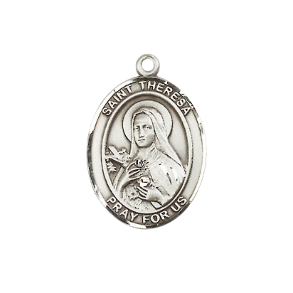 Everlasting Light Jewelry Medium Men's Pewter Saint St. Theresa Medal Pendant on 24 Inch Endless Rhodium Plated Heavy Curb Brass Chain, Catholic Religious Necklace - Made in USA- Deluxe Velvet Gift Box
