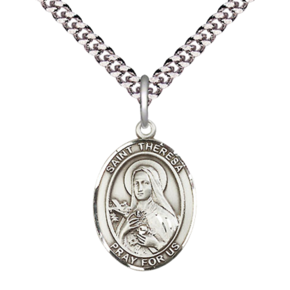 Medium .925 Sterling Silver Saint St.Theresa Medal Pendant on 24 Inch Endless Rhodium Plated Heavy Curb Brass Chain, Catholic Religious Necklace - Made in USA- Deluxe Velvet Gift Box